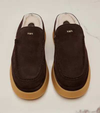 Tod's Shearling-lined Suede Platform Mules In Brown
