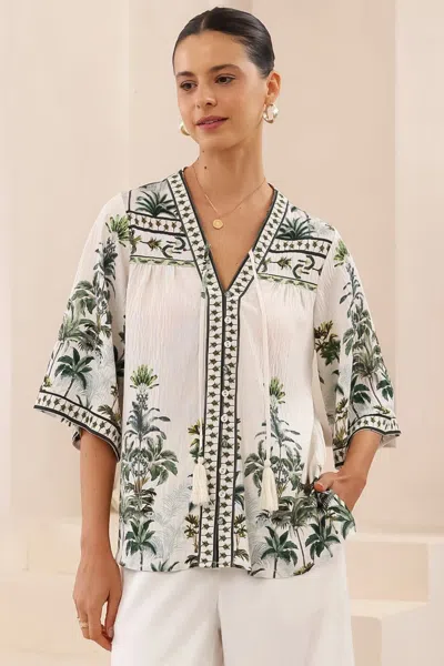 Salty Crush Elysia Blouse - Deep V Neck Button Down 3/4 Sleeve Top In White
