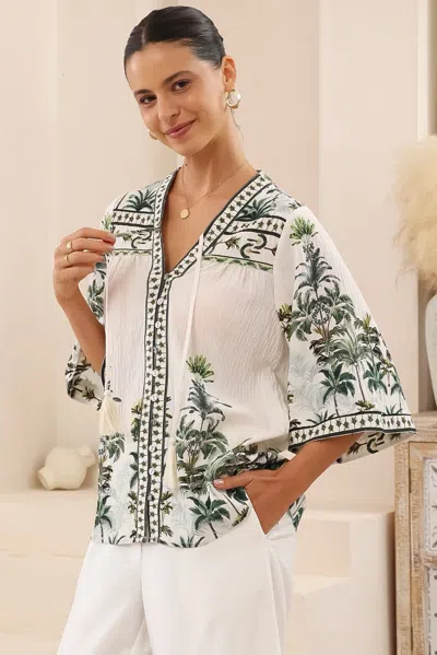 Salty Crush Elysia Blouse - Deep V Neck Button Down 3/4 Sleeve Top In White