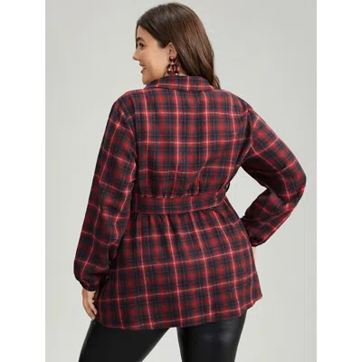 Bloomchic Plaid Shirt Collar Belted Button Through Blouse In Raspberry