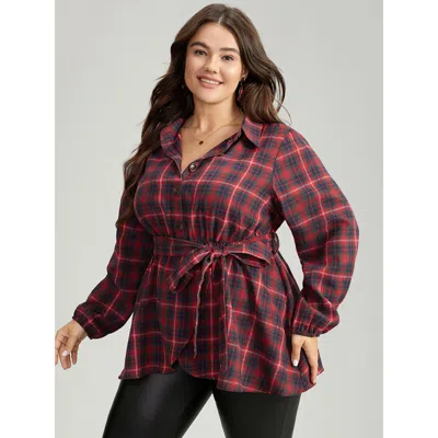Bloomchic Plaid Shirt Collar Belted Button Through Blouse In Raspberry