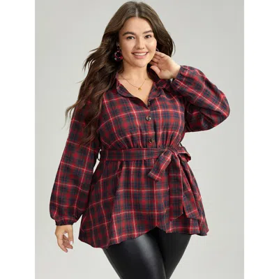 Bloomchic Plaid Shirt Collar Belted Button Through Blouse In Raspberry