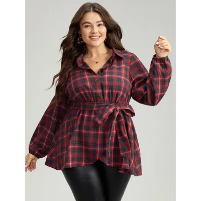 Bloomchic Plaid Shirt Collar Belted Button Through Blouse In Raspberry