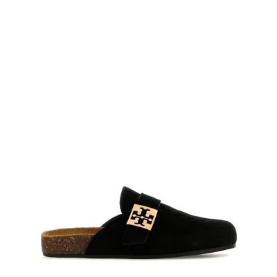Tory Burch Mellow Black Slip-on Mule With Metallic Logo Buckle In Suede Woman In Blue