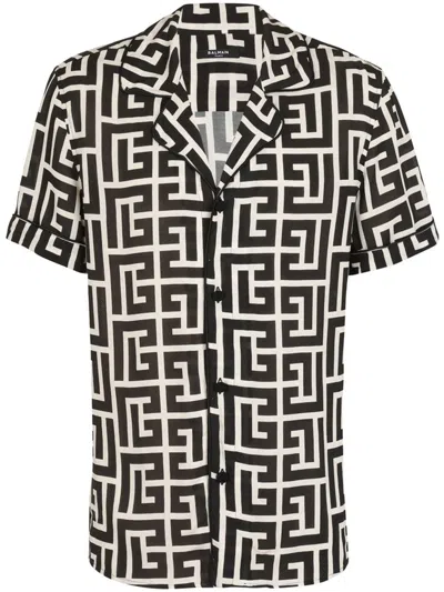 Balmain -style Relaxed Fit Shirt Collar Mini Short-sleeve Button-up With Piped Trim In Nero