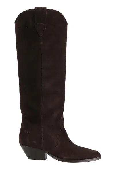 Isabel Marant Chocolate Denvee Gz Pointed-toe Cuban Heel Suede Boots In Black