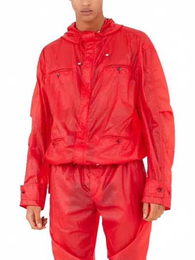 Ferragamo Hooded Windbreaker Jacket With Adjustable Drawstrings In Red