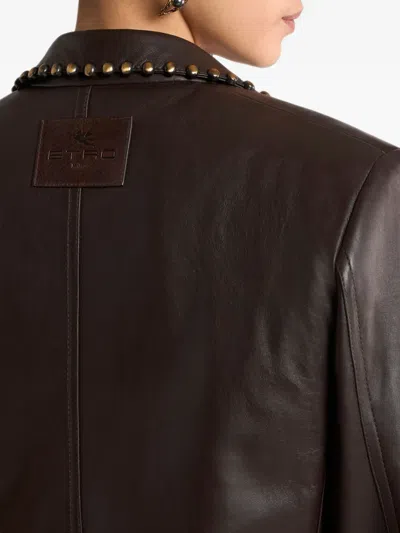 Etro Single-breasted Leather Jacket With Studs In 브라운