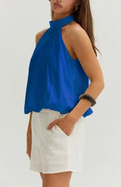 Crescent Bubble Hem Poplin Halter Top In Blue