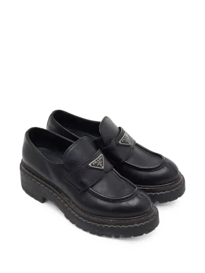 Pre-owned Prada Triangle Platform Loafers In Black