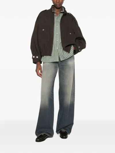 Maje Herringbone-pattern Stand-up Collar Jacket In Brown