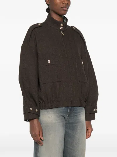 Maje Herringbone-pattern Stand-up Collar Jacket In Brown