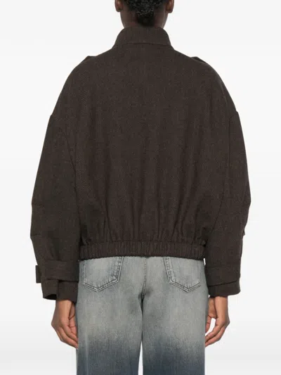Maje Herringbone-pattern Stand-up Collar Jacket In Brown
