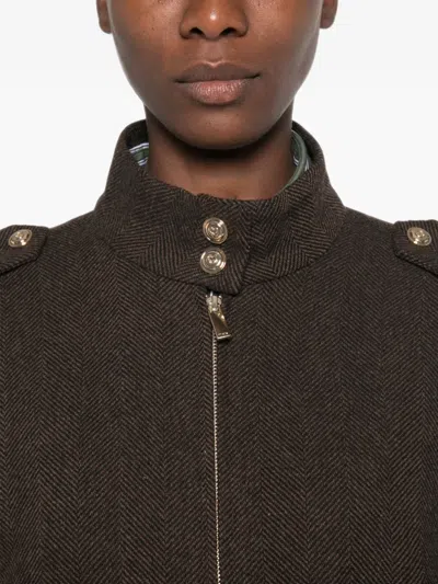 Maje Herringbone-pattern Stand-up Collar Jacket In Brown