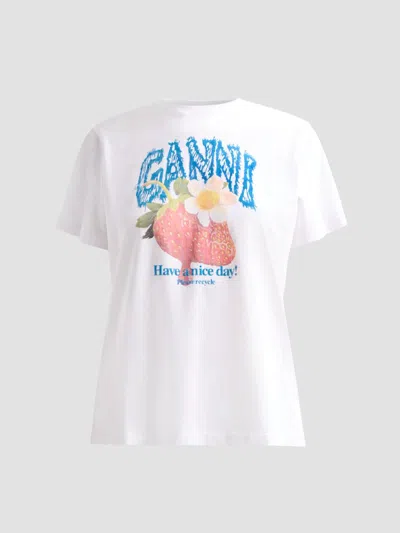 Ganni Womens Bright White Jersey Strawberry Printed Round-neck Cotton-jersey T-shirt In Bright White