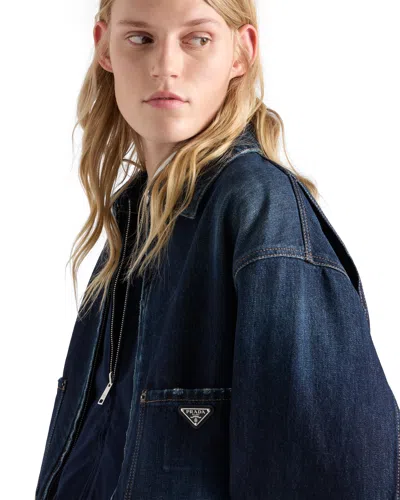 Prada Cropped Denim Jacket Structured Collar Long Sleeves In Blue