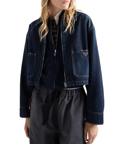 Prada Cropped Denim Jacket Structured Collar Long Sleeves In Blue