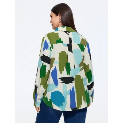 Bloomchic Abstract Brush Print Button Down Blouse In Multicolor
