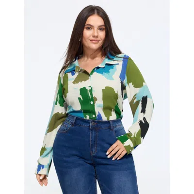 Bloomchic Abstract Brush Print Button Down Blouse In Multicolor