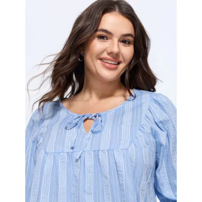 Bloomchic Supersoft Textured Stripe Tie Neck Blouse In Lightblue
