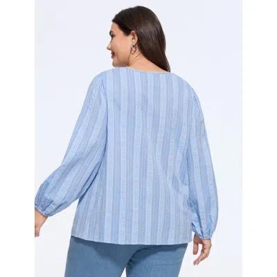 Bloomchic Supersoft Textured Stripe Tie Neck Blouse In Lightblue