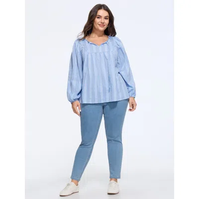 Bloomchic Supersoft Textured Stripe Tie Neck Blouse In Lightblue
