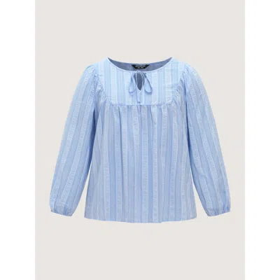 Bloomchic Supersoft Textured Stripe Tie Neck Blouse In Lightblue