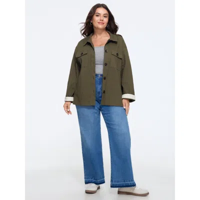Bloomchic Lapel Collar Button‑front Flap Pockets Jacket In Armygreen