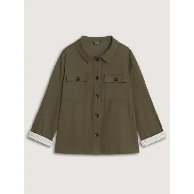Bloomchic Lapel Collar Button‑front Flap Pockets Jacket In Armygreen