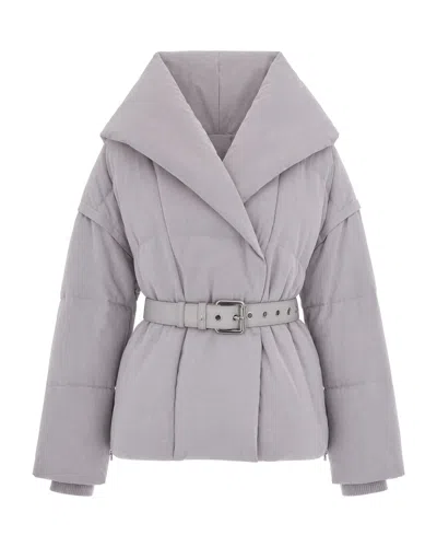 Patrizia Pepe Short Padded Jacket With Wide Shawl Collar In Grey And White Lines