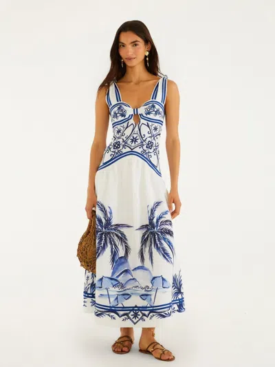 Farm Rio Fitted Linen Long Dress With Wonderful City Print And Striped Shoulder Straps In White