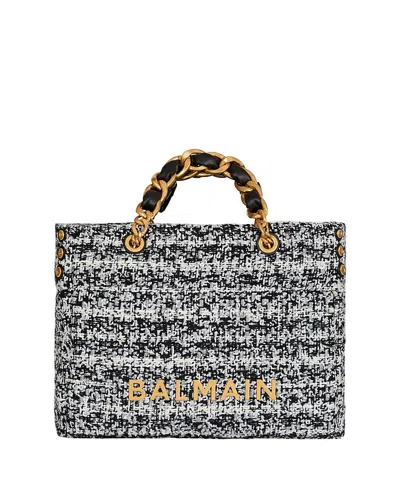 Balmain Small Soft 1945 Tote Bag In Tweed In Black