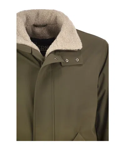 Herno Soft Shell Coat With Shearling-effect Lining In Green