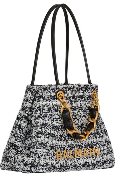 Balmain Small Soft 1945 Tote Bag In Tweed In Black