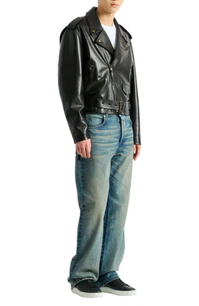 Balmain Textured Leather Biker Jacket In Black