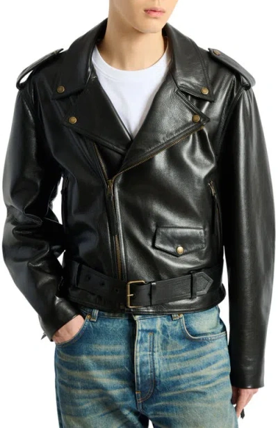 Balmain Textured Leather Biker Jacket In Black