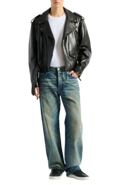 Balmain Textured Leather Biker Jacket In Black