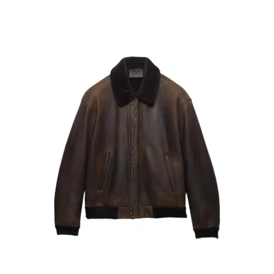 Prada Collared Long-sleeved Leather Jacket In Brown