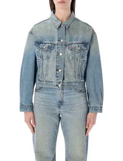 Levi's Cropped Denim Jacket With Button-up Front And Rhinestone Embellishments In Off Roading Trucker Dirty Blue