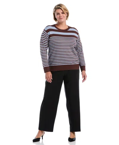Rafaella Plus Size Striped Crewneck Ribbed Trim Pullover Sweater In Multi