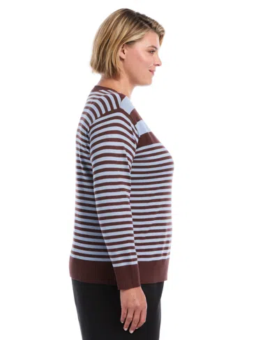 Rafaella Plus Size Striped Crewneck Ribbed Trim Pullover Sweater In Multi
