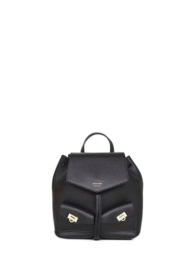 Ferragamo Structured Black Calf Leather Backpack With Flap Closure In Black