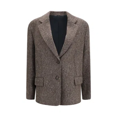 Brunello Cucinelli Herringbone-pattern Single-breasted Blazer In Brown