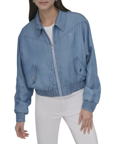 Dkny Front Zip Chambray Bomber In Blue