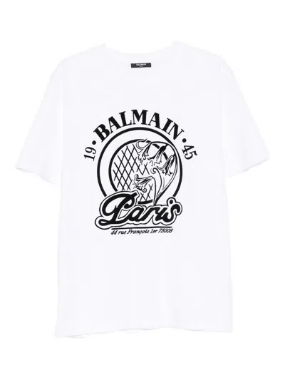 Balmain Short Sleeve Crew Neck Graphic Shirt In White