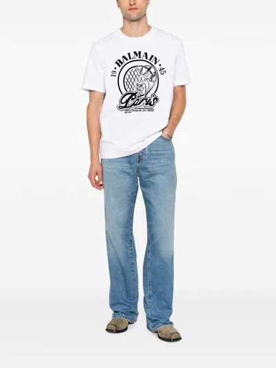 Balmain Short Sleeve Crew Neck Graphic Shirt In White