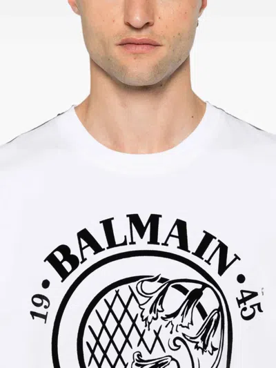 Balmain Short Sleeve Crew Neck Graphic Shirt In White