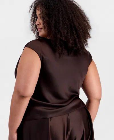 Muse Plus Size Asymmetrical Draped Top In Brown