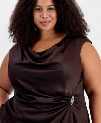 Muse Plus Size Asymmetrical Draped Top In Brown