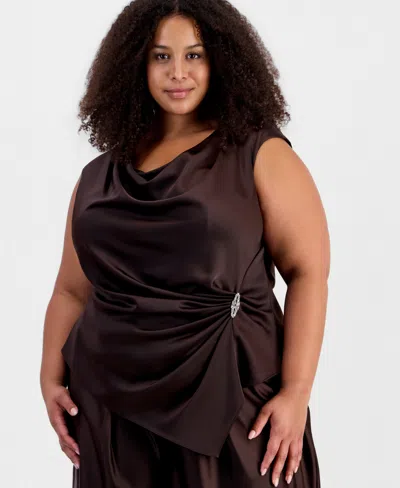 Muse Plus Size Asymmetrical Draped Top In Brown